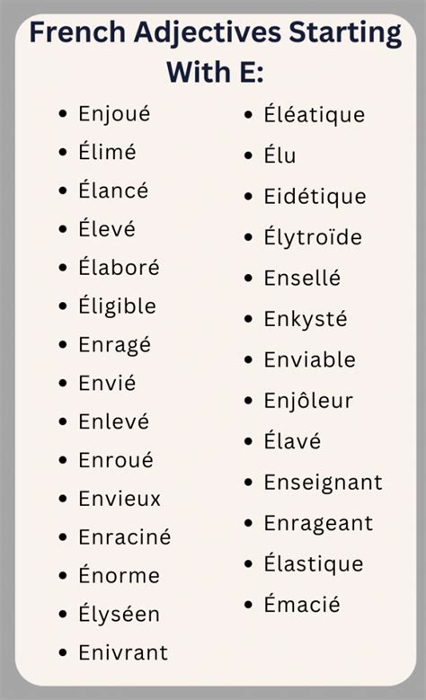 adjectives in french that start with e|french words using e.